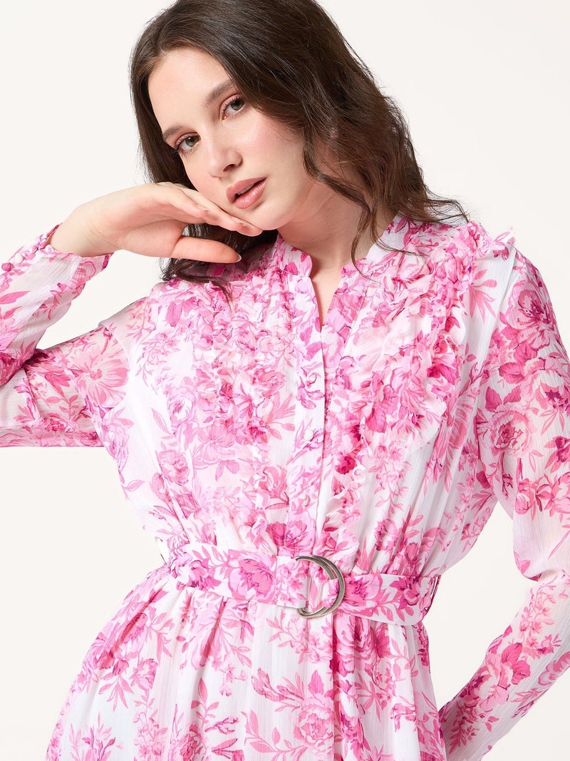 OUTZIDR Pink Printed Flared Dress With Halter Neck With Belt Detail - Image 3
